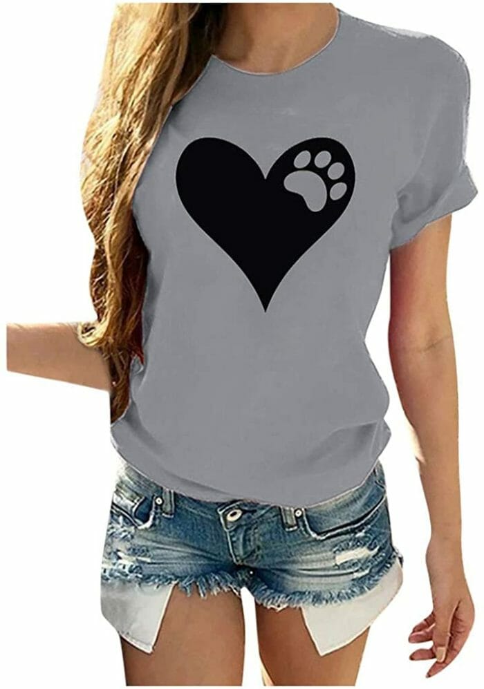 Dosoop Women 2020 New Summer Blouse Valentine"s Day Casual Short Sleeve Heart-Shaped Dog Footprint Graphic T Shirts Tops